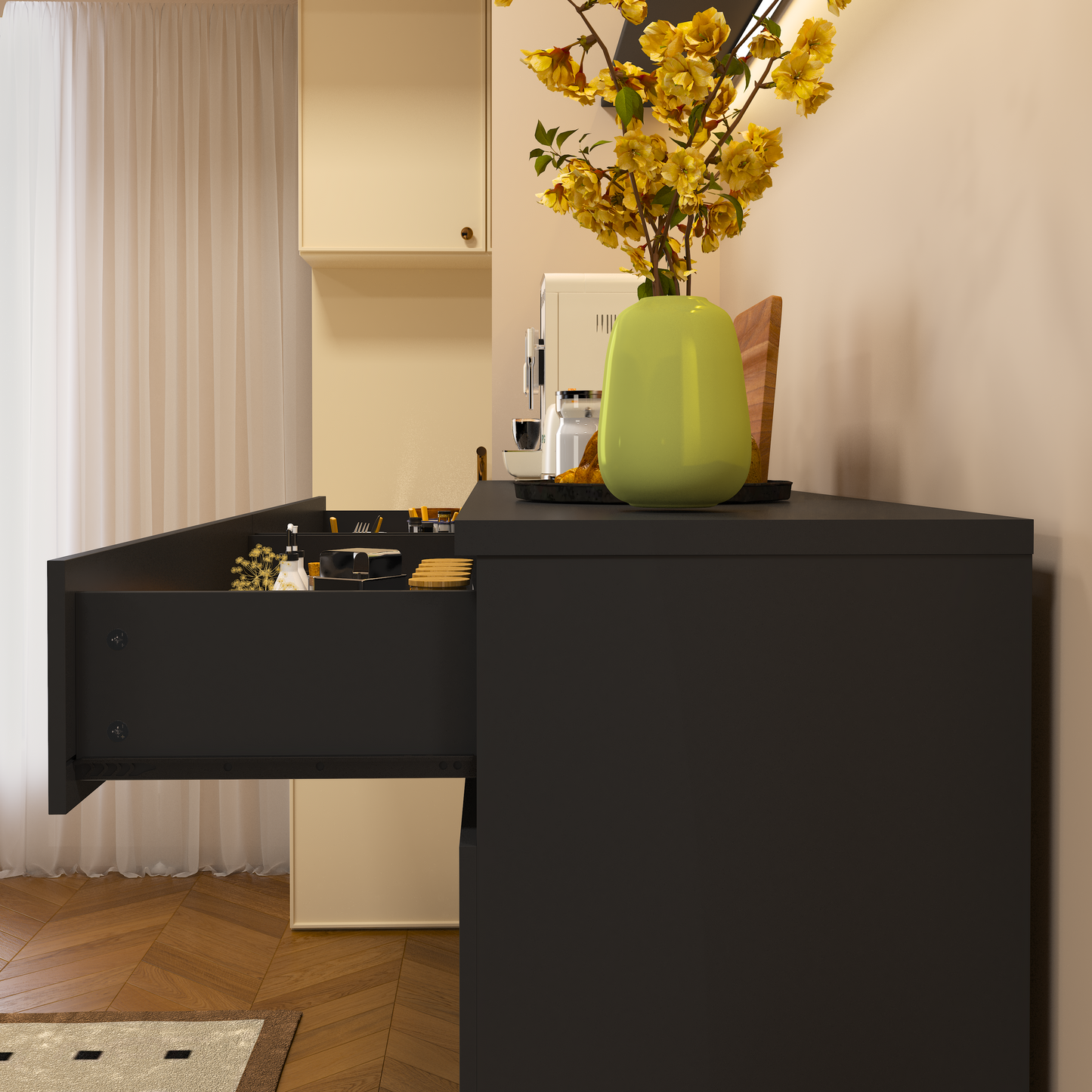 Large Black Sideboard Buffet Cabinet with Storage & 2 Drawers