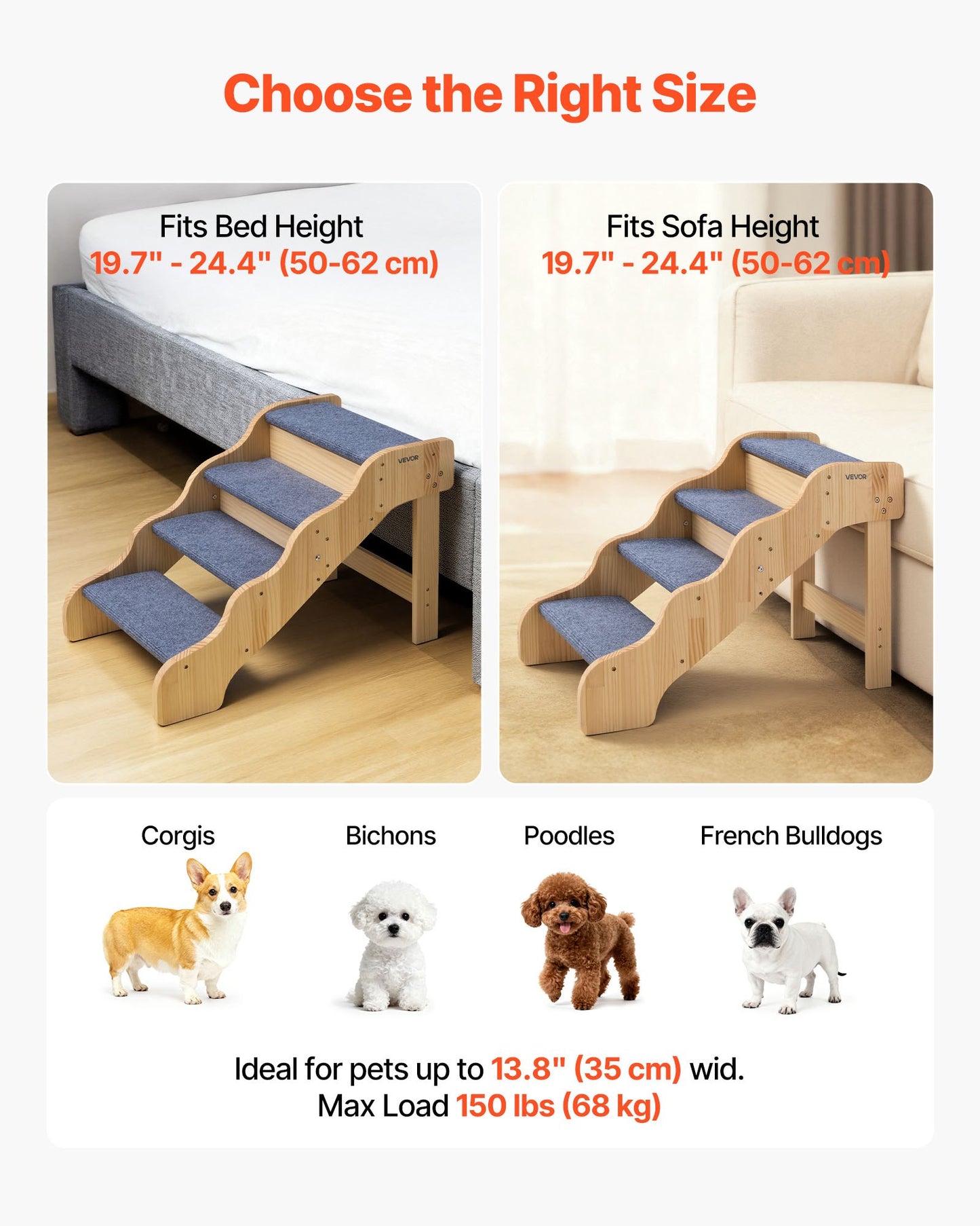 Wood Pet Stairs for Dogs and Cats, 4-Step Non-Slip Support Ladder for Bed Sofa Car