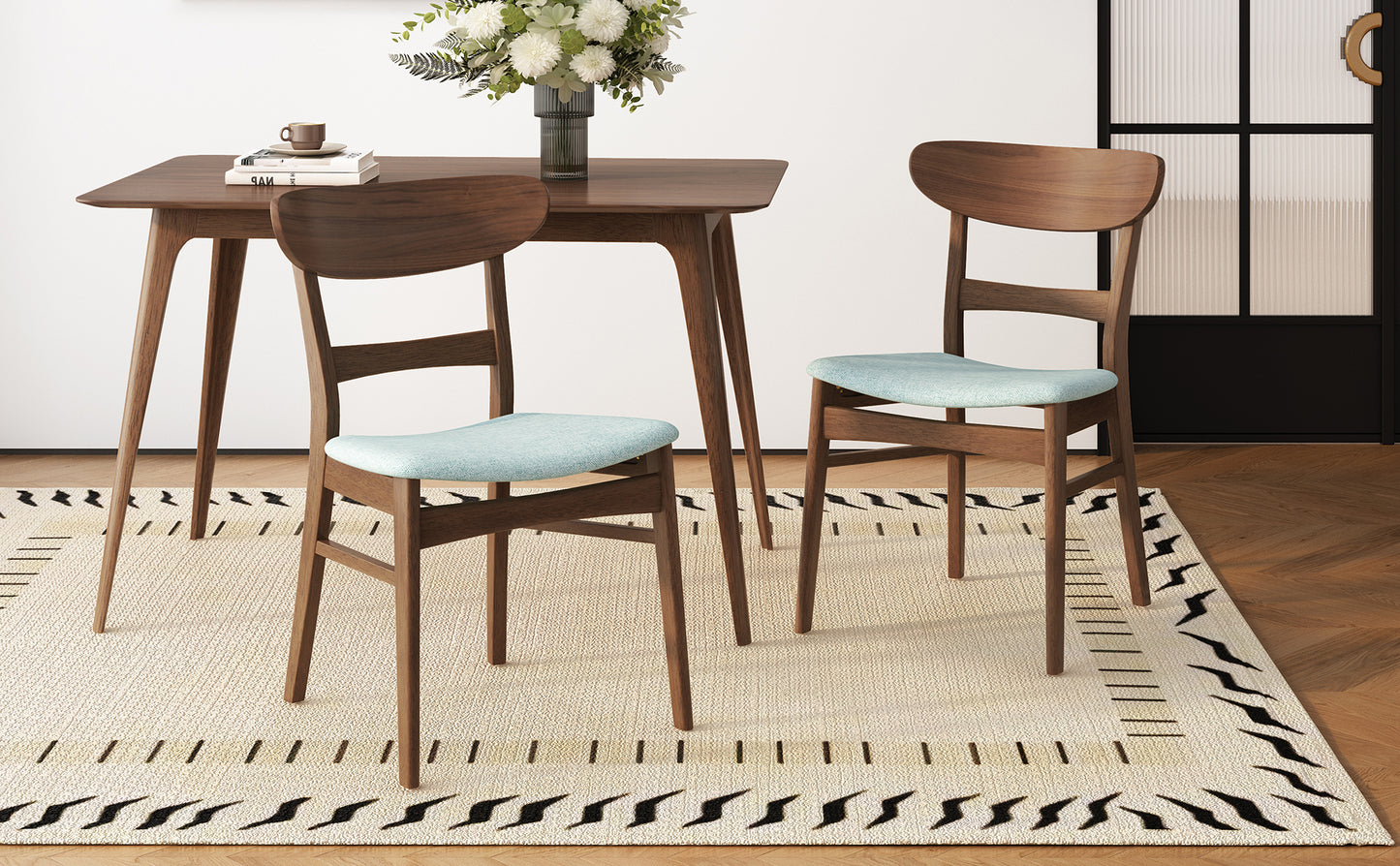 Set of 2 Mid-Century Dining Chairs - Upholstered Seat, Rubberwood Legs