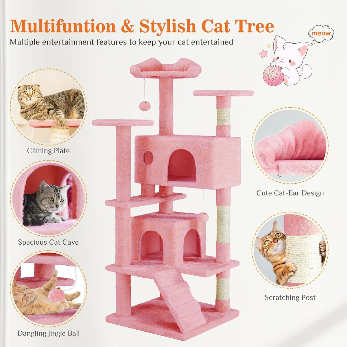Multi-Level Cat Tree Tower with Sisal Posts, Plush Toys, and Play Areas