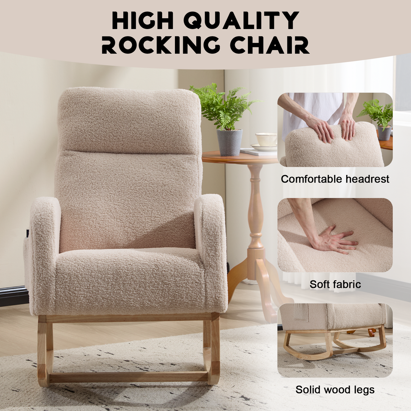 Modern Upholstered Rocking Chair with Solid Wood Legs - Beige