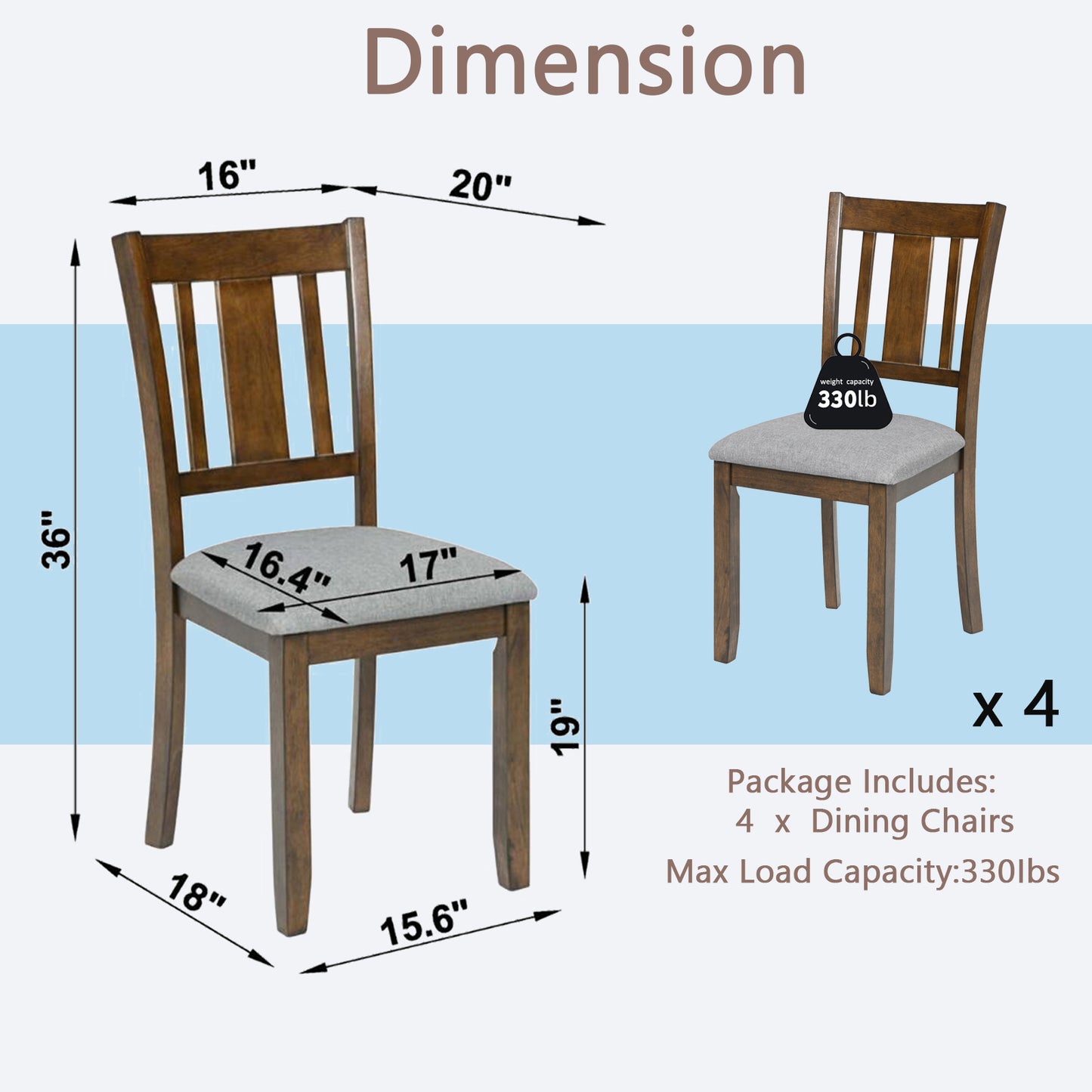 Walnut Wooden Dining Chairs Set of 4 with Padded Seats