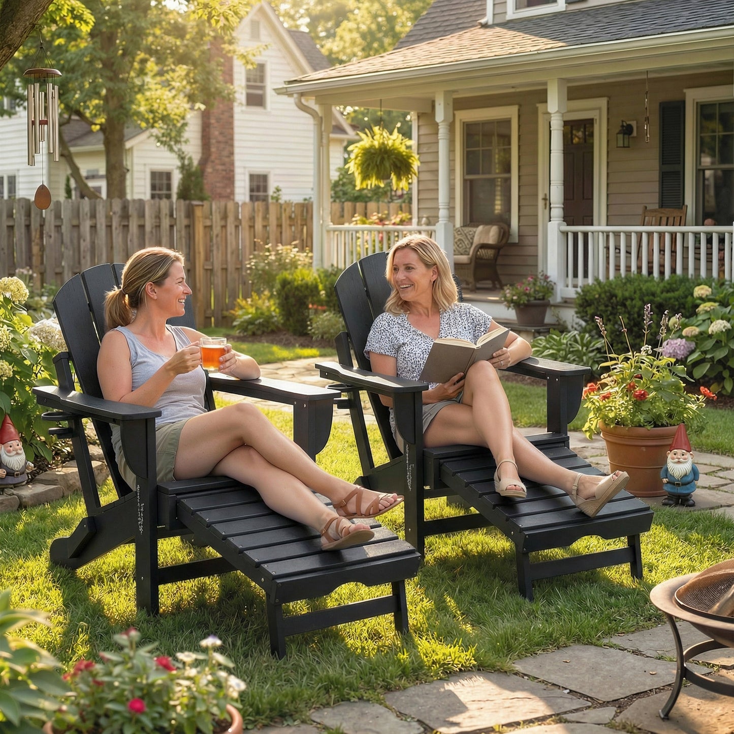 Folding Adirondack Chair Set of 2 - HDPE Fire Pit Chairs with Ottoman & Cup Holder - Black