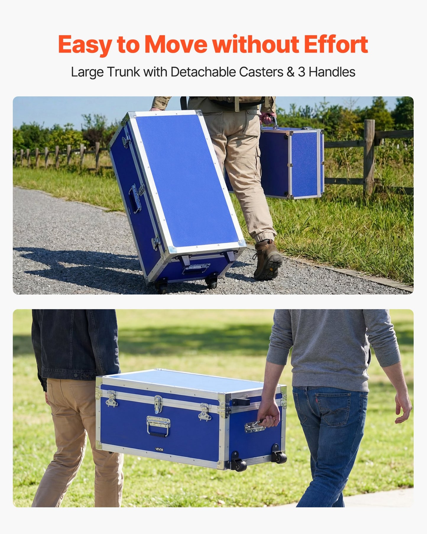 Large Metal Storage Trunk Set of 2 with Casters & Locks, Wooden Suitcase Storage Boxes for Home & Travel, Blue