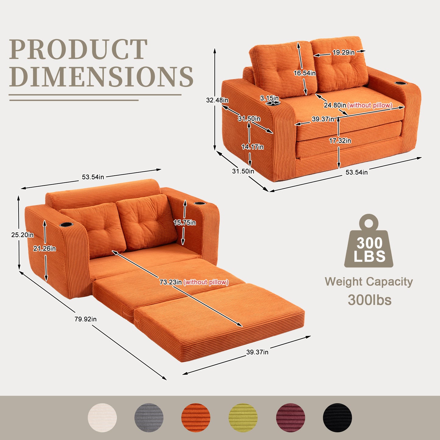 Convertible Sofa Bed - Expandable Floor Couch with Pillows - Orange