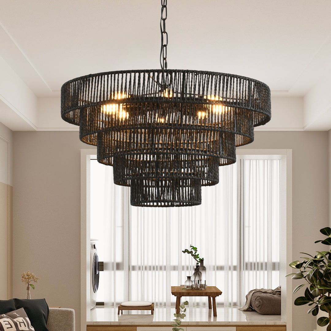 Rustic 5-Tier Black Hemp Rope Pendant Light Chandelier - 8 E12 Sockets