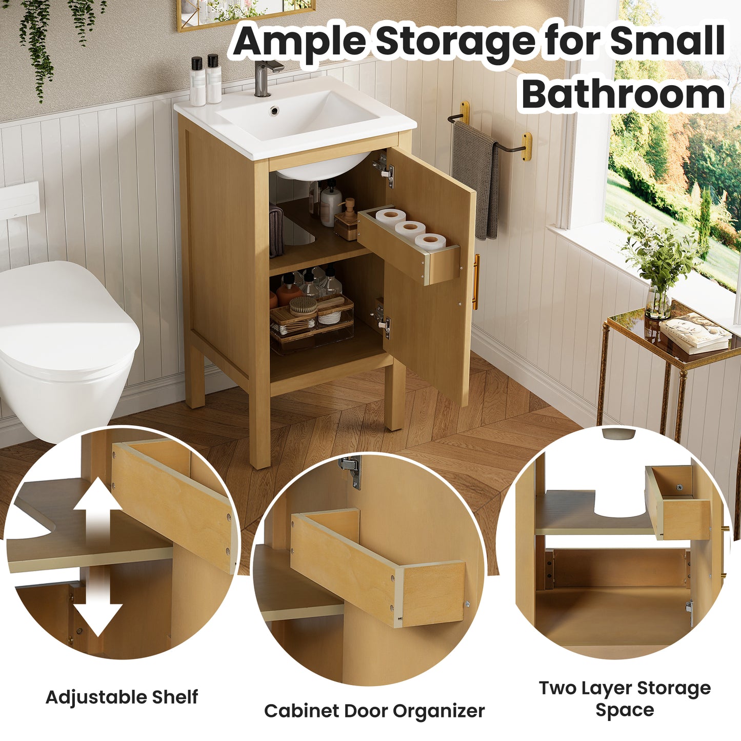 18 Bathroom Cabinet With Storage, Small Space Solution Ceramic Sink,