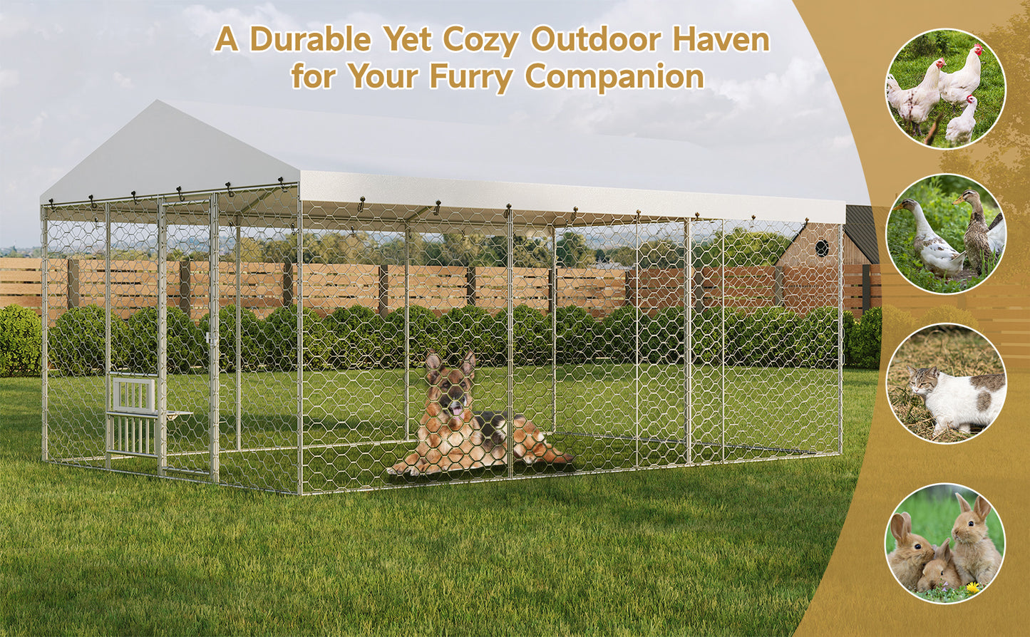 Large Outdoor Dog Kennel with Canopy, Galvanized Steel Frame, Waterproof Cover & Elevated Feeders