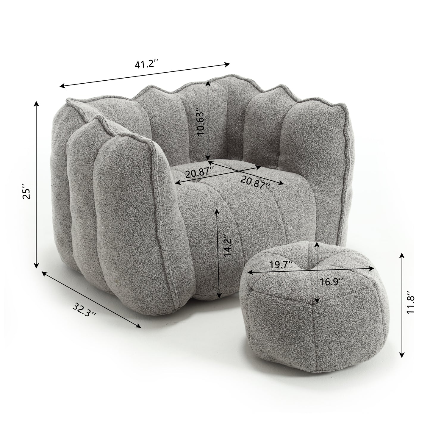 Soft Chenille Bean Bag Chair with Foam - Grey