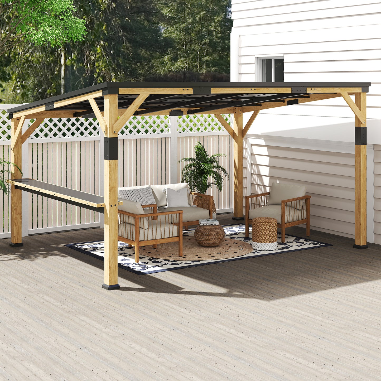 14'x10' Wooden Gazebo with Steel Roof & Bar Shelf - Natural Wood