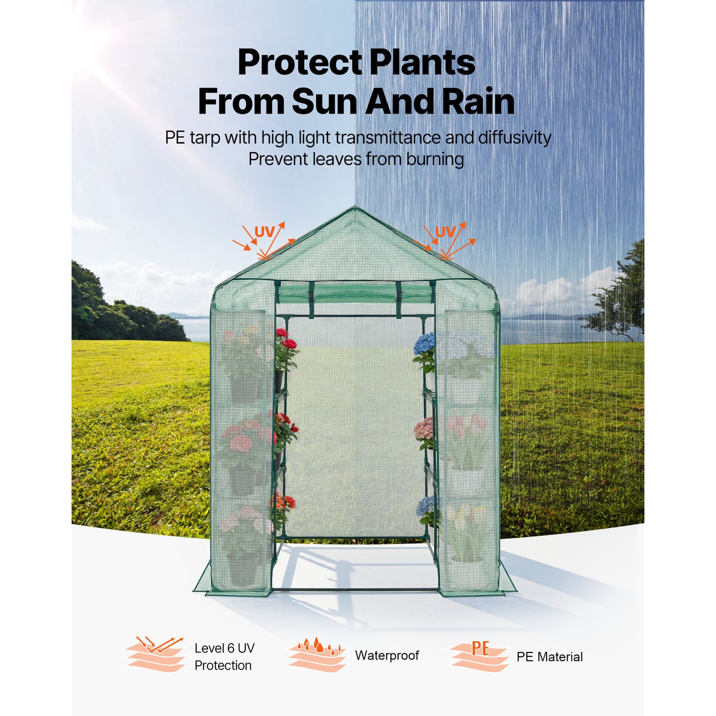 Walk-In Greenhouse with PE Cover, 2 Tiers, 8 Shelves, Roll-Up Door, Portable Garden Hot House