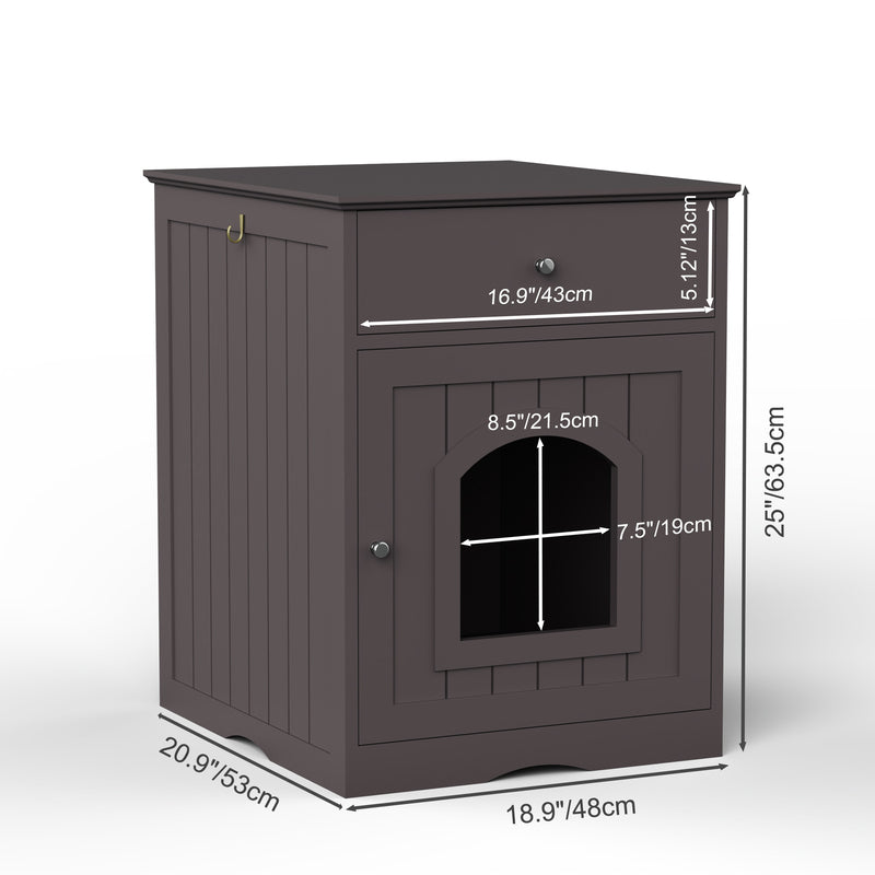 Black Wooden Cat Litter Box Enclosure with Drawer & Side Table - Indoor Pet Nightstand