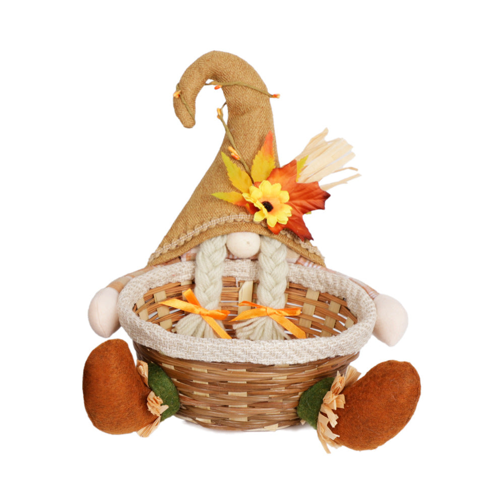 Thanksgiving Holiday Decor Doll Basket Ornament - Maple Leaf Candy Theme