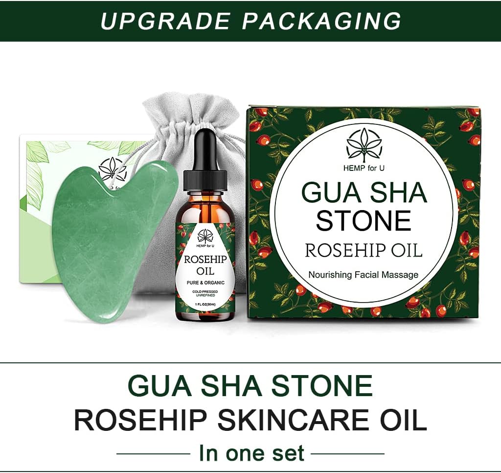 Natural Jade Gua Sha Massage Tool & Face Oil Set with Travel Pouch