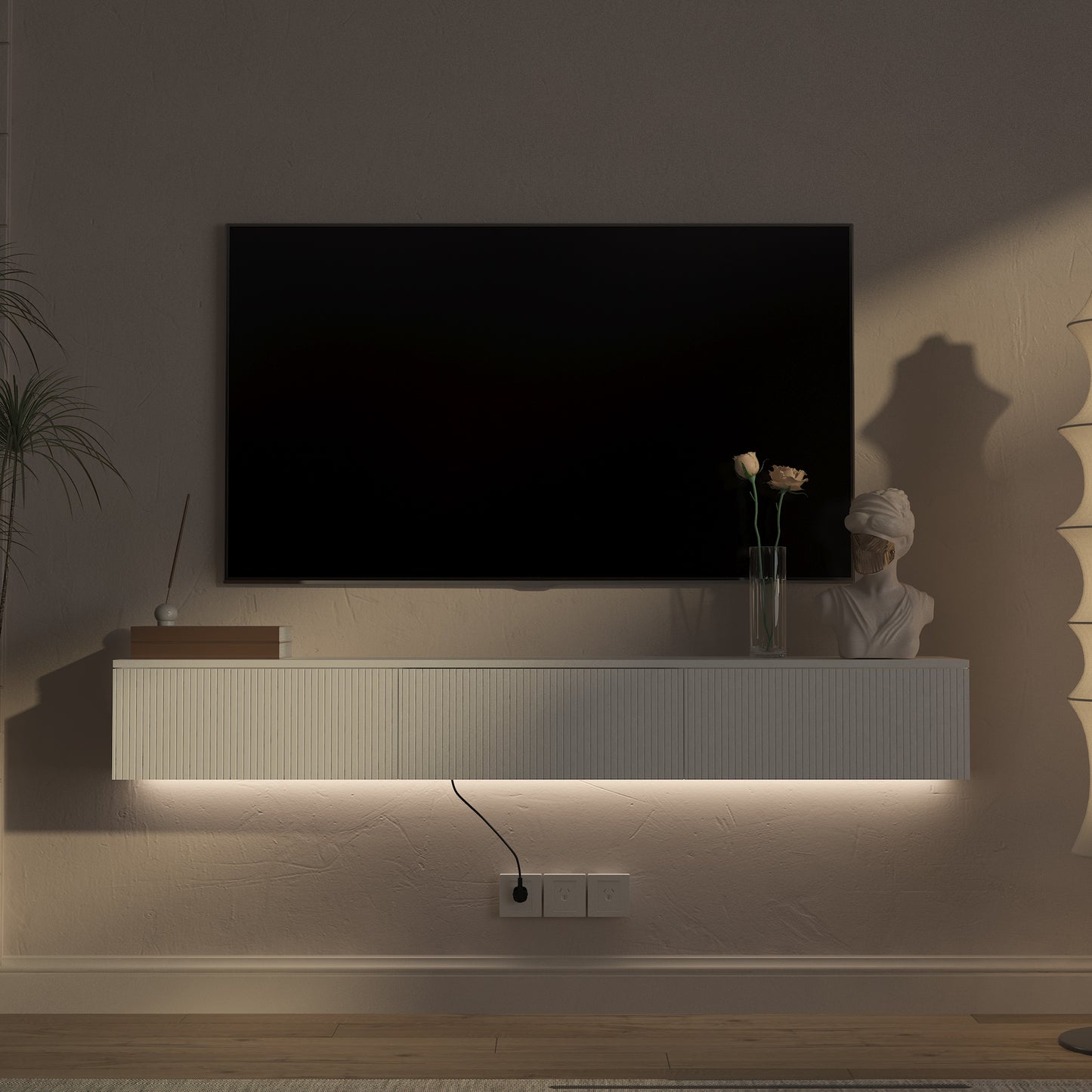 Wall Mounted Floating TV Stand with 16 Color LEDs - White