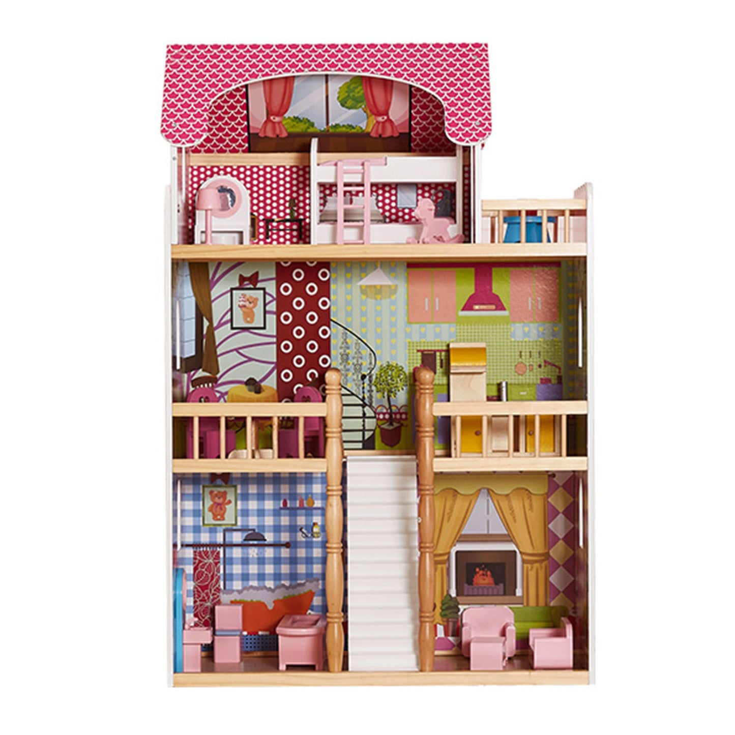3-Story Wooden Dollhouse with 14 Accessories - Kids Playhouse