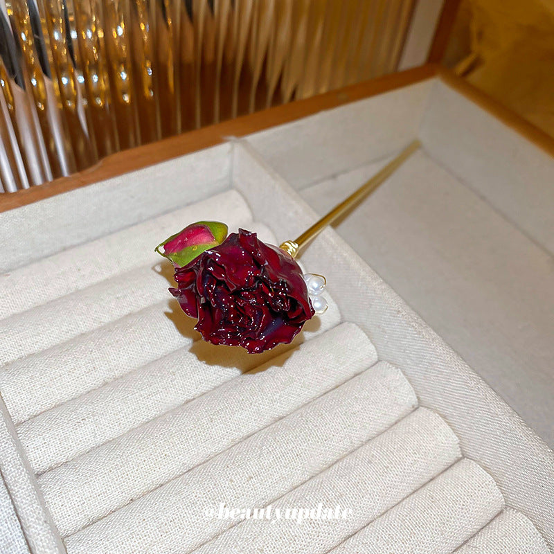 Chinese Style Rose Pearl Hairpin - Golden Red Acrylic Hair Accessory