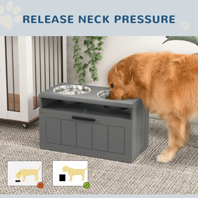 Large Elevated Dog Bowls Stand with 2 Stainless Steel Bowls, Storage Drawer & Slow Feeder Mat