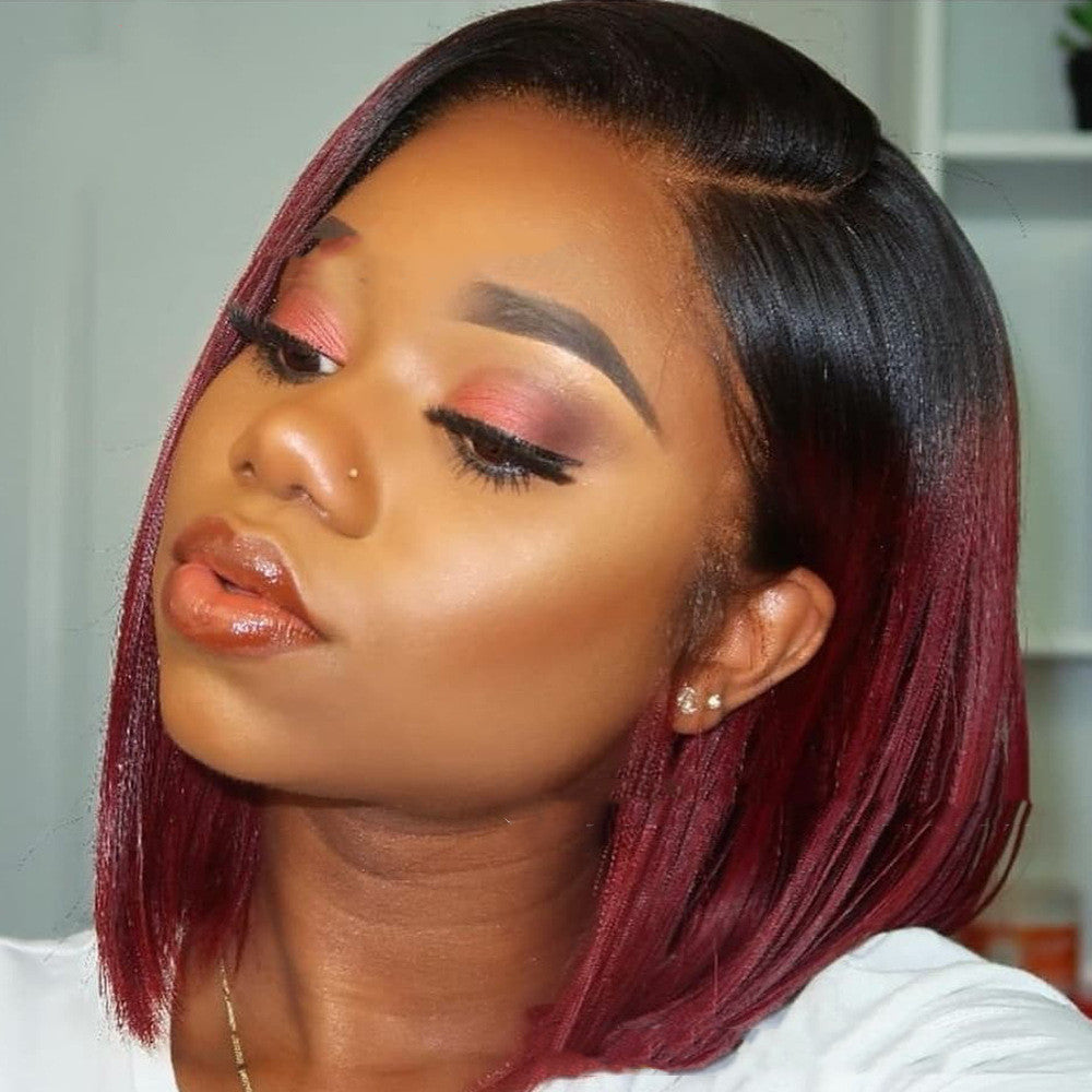 Women's Burgundy Short Straight Wig with Side Parting - 40cm Synthetic Hair