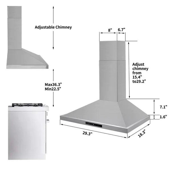 30 Inch Stainless Steel Range Hood - 450 CFM Ductless/Ducted Kitchen Vent with LED Light & Touch Control