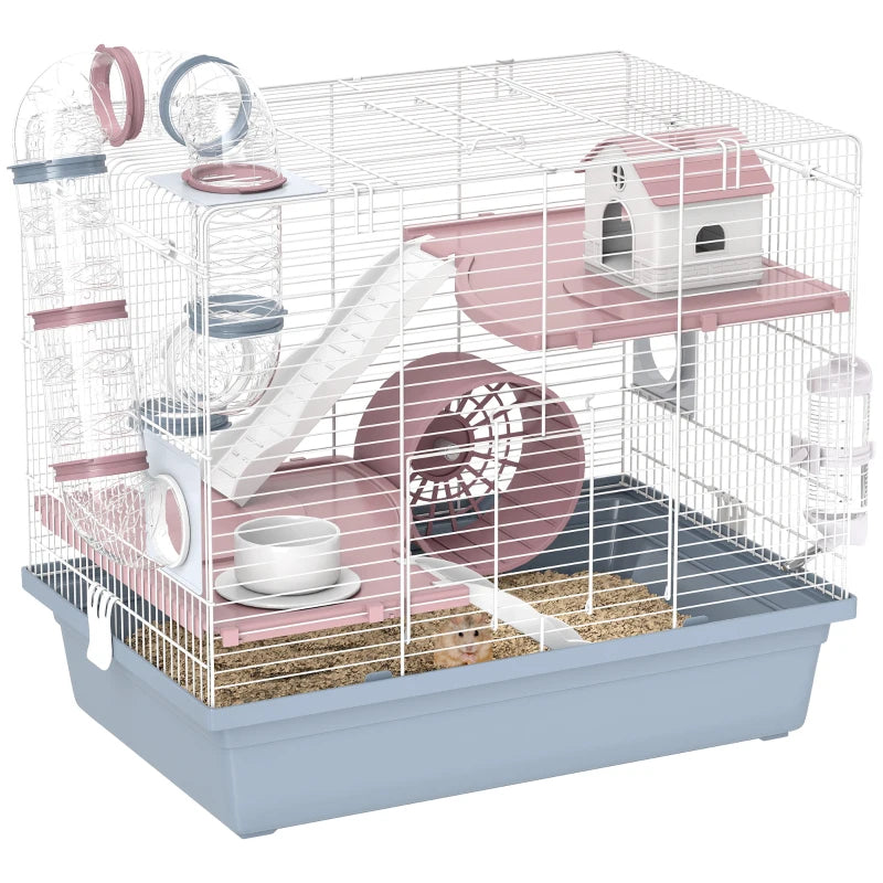 Small Animal Cage with Exercise Wheel Tunnels & Accessories - Blue, 3 Tiers