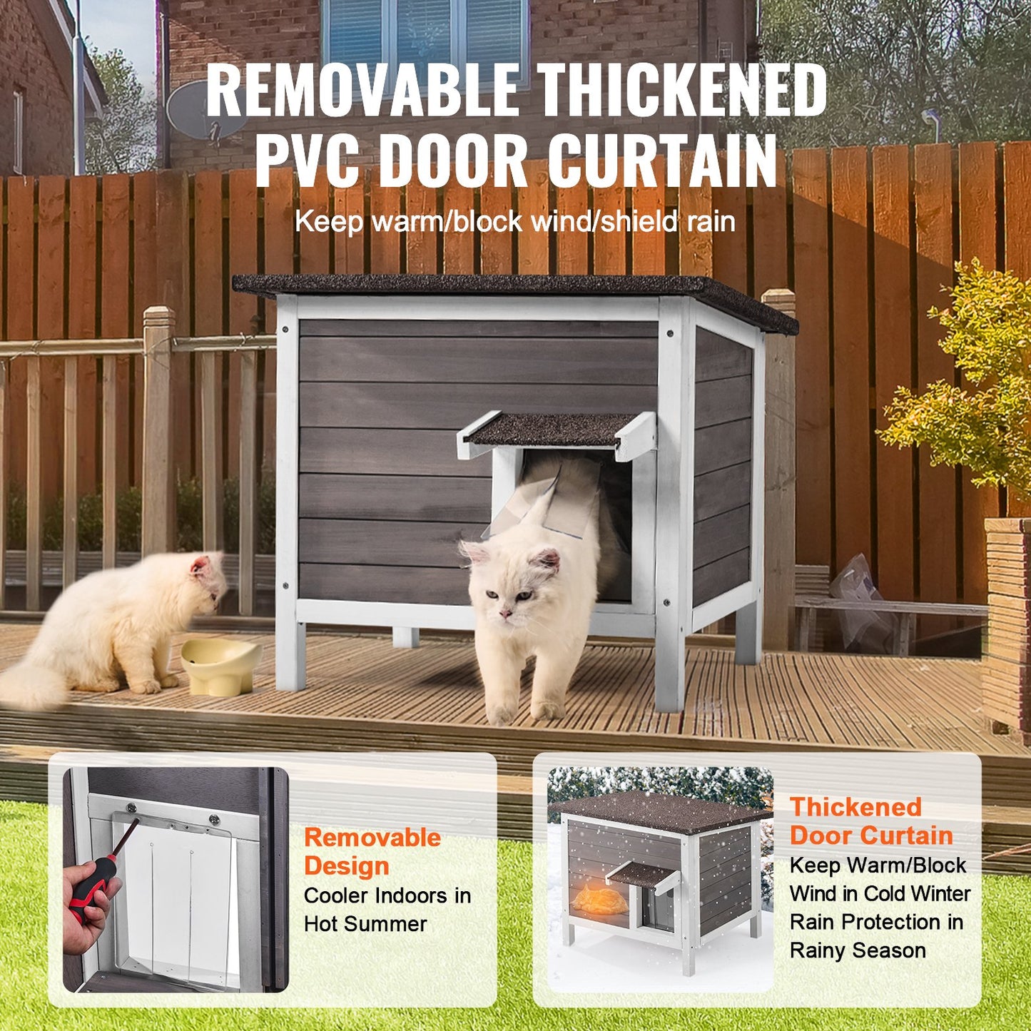 Outdoor Wooden Cat House Shelter with Roof & PVC Door Flaps - Feral Cat Shelter