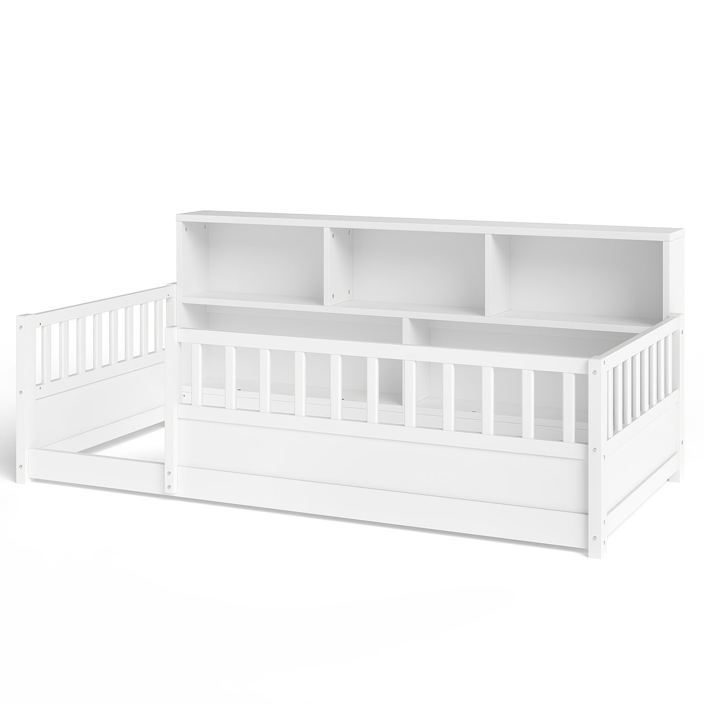 Twin-Sized Wooden Floor Bed with Fence Guardrail & Side Storage - White