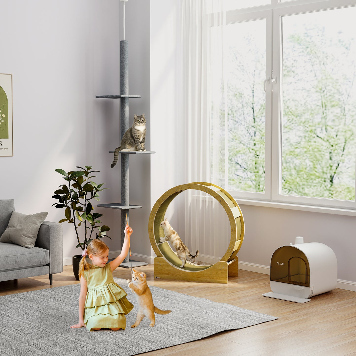 Floor-to-Ceiling Cat Tree Tower with Sisal Scratching Posts - Gray, Adjustable Height, 89.75" Tall