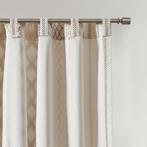 Ivory Cotton Printed Curtain Panel with Chenille Stripe - 50x84