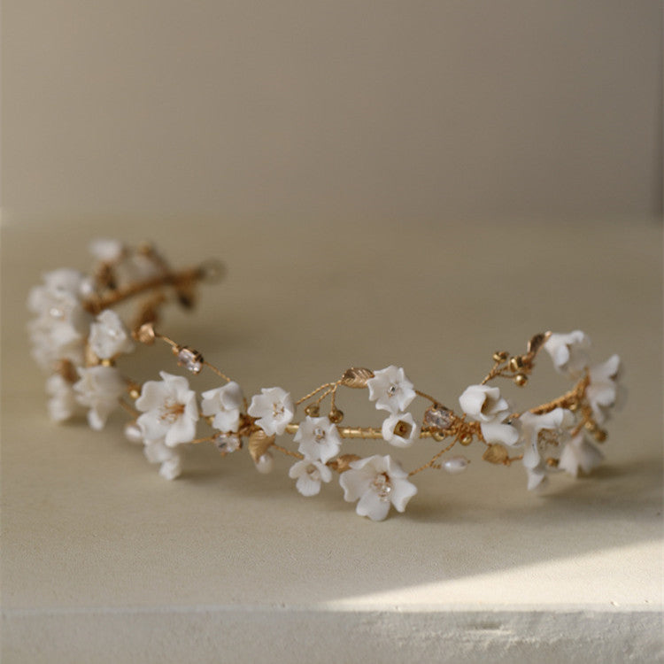Ceramic Cherry Blossom Pearl Hair Hoop - Bridal Hair Accessory