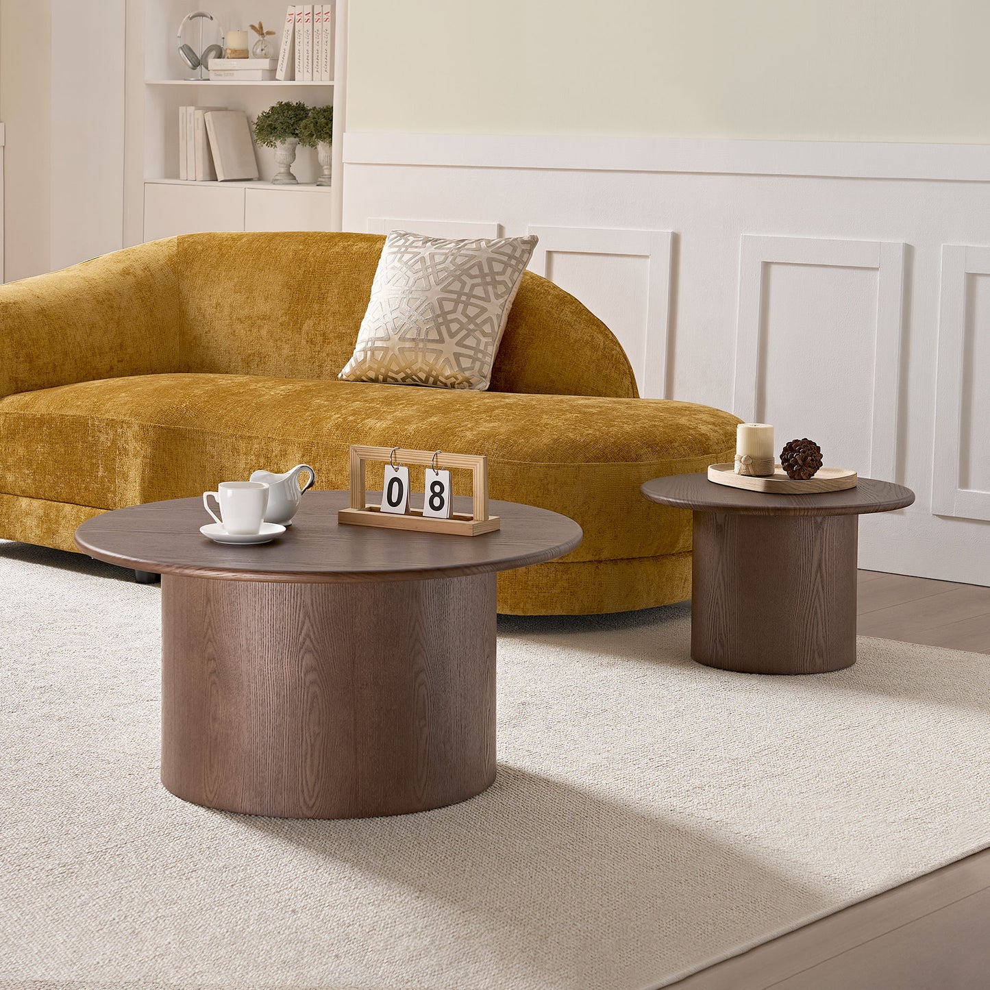 Round Coffee Table Set of 2 - Mid-Century Modern Walnut MDF