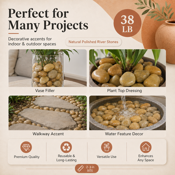 38 Lbs Khaki River Rocks - 2-3 Inch Polished Pebbles for Decor