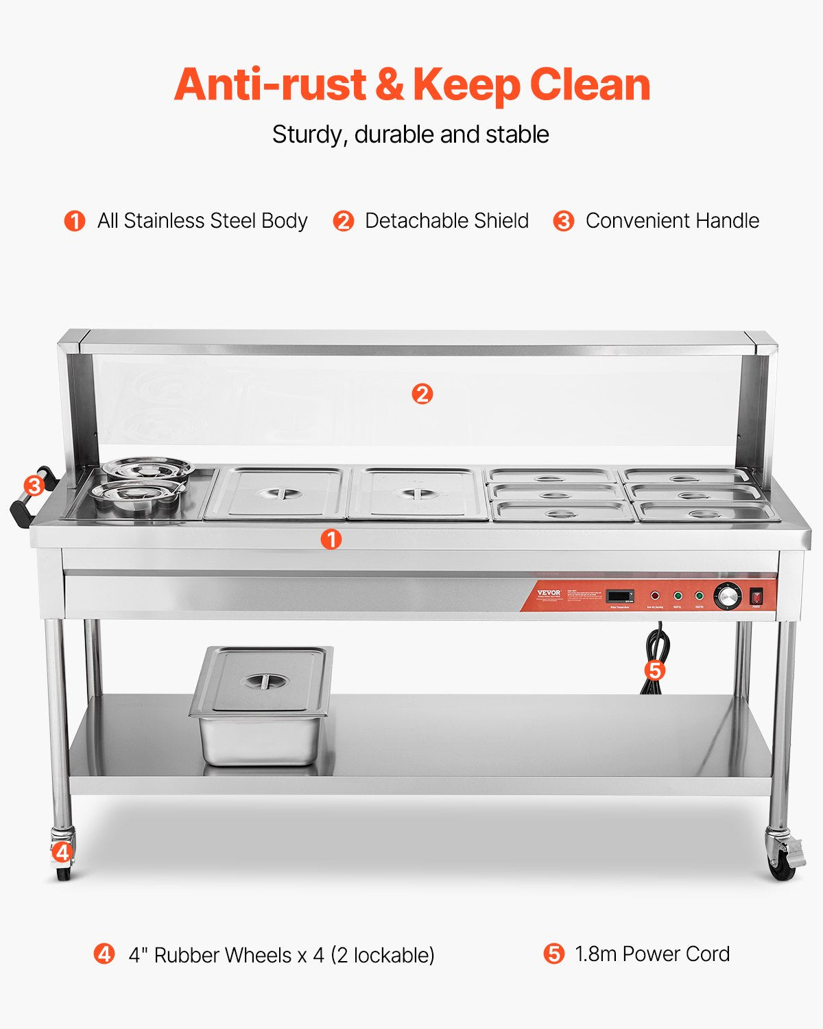 Commercial Food Warmer Steam Table with 8 Pans & 2 Pots - Silver