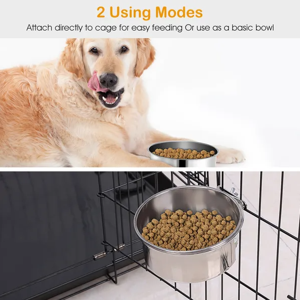 Stainless Steel Pet Food Bowl for Dogs & Cats, Detachable Cage Mount - Medium
