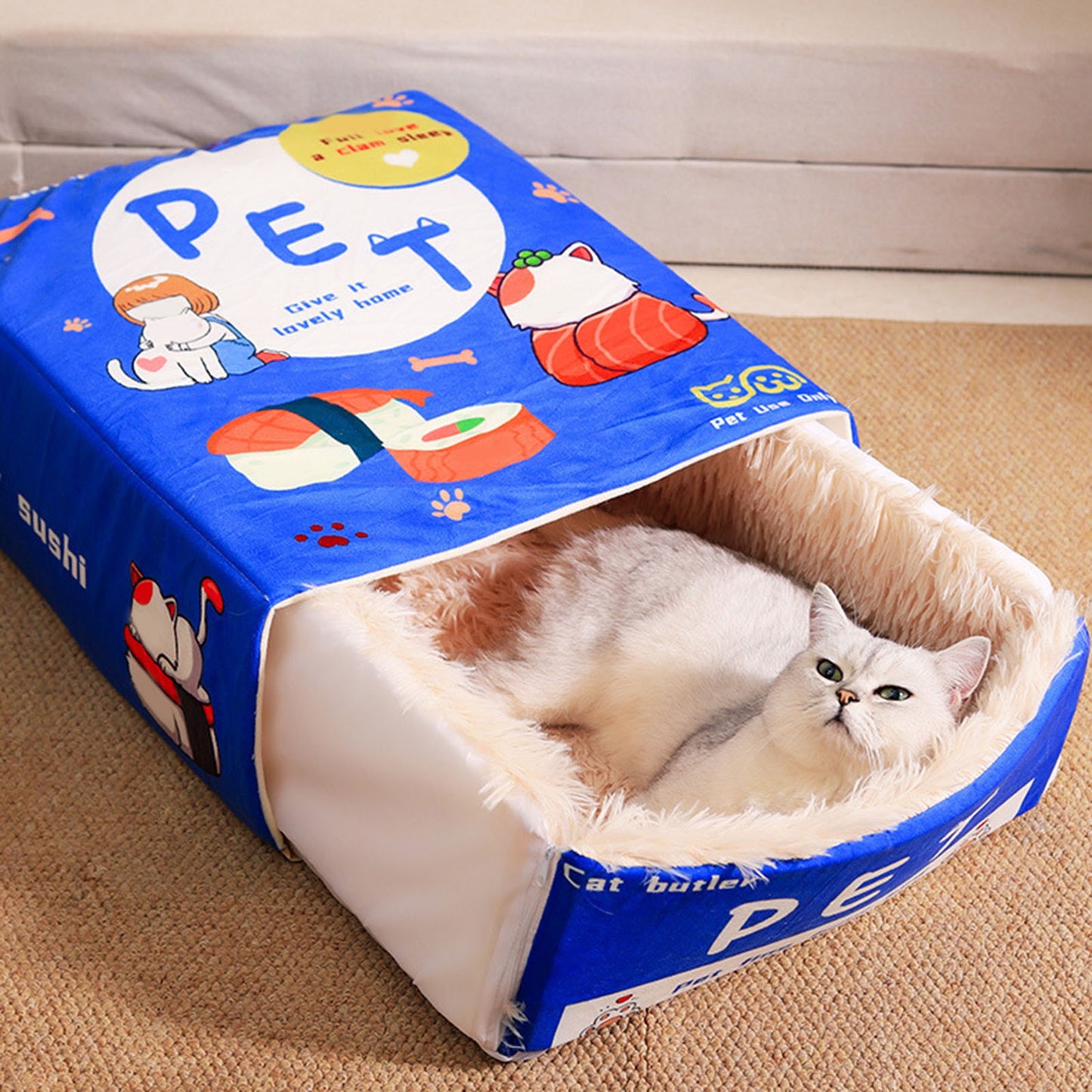 Cartoon Snack Box Cat Bed - Fully Enclosed, Soft, Multi-Season Pet Bed