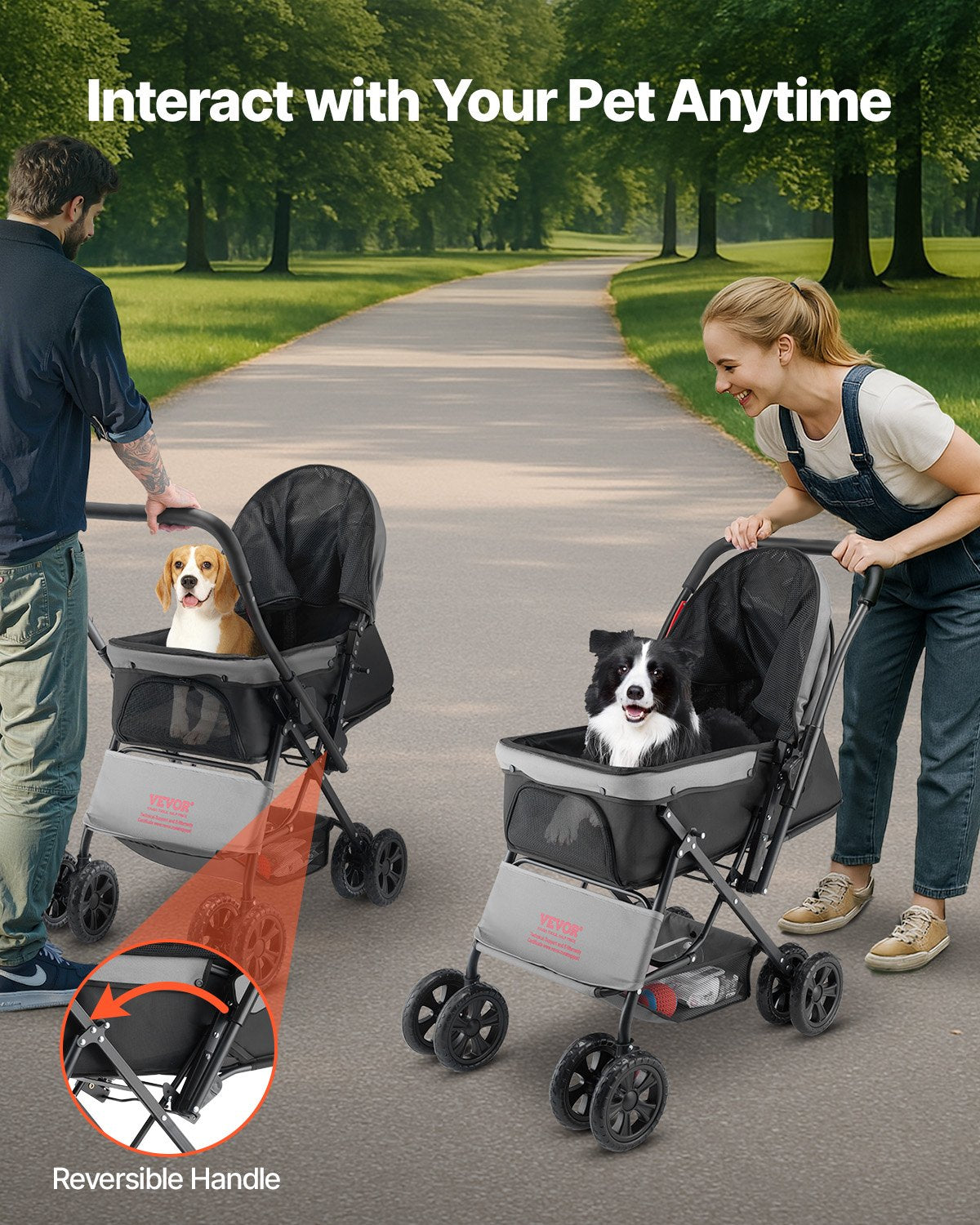 Foldable Pet Stroller for Small to Medium Dogs and Cats - Reversible Handle, Up to 44lbs
