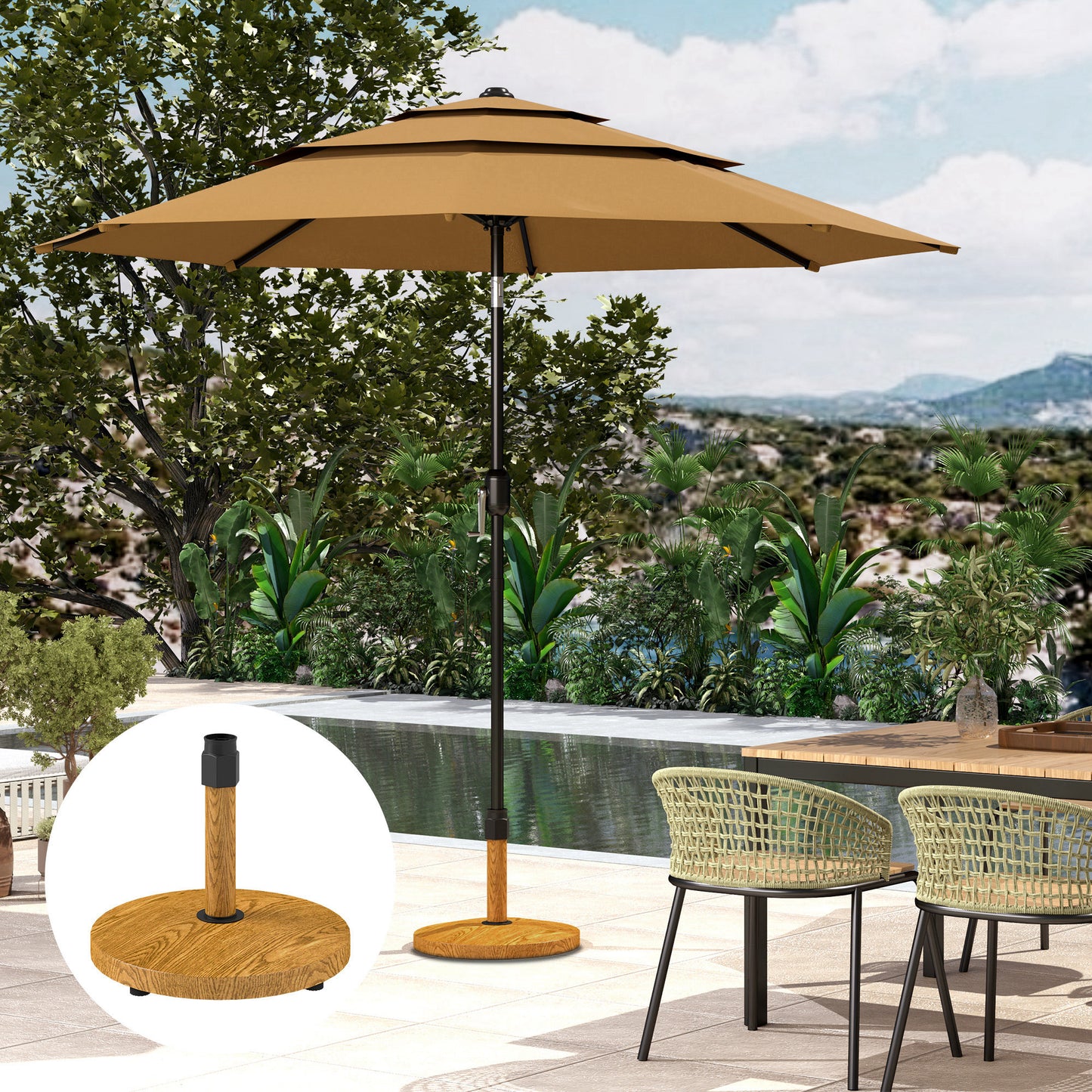 Heavy Duty Patio Umbrella Base Stand with Adjustable Pads - Natural Wood