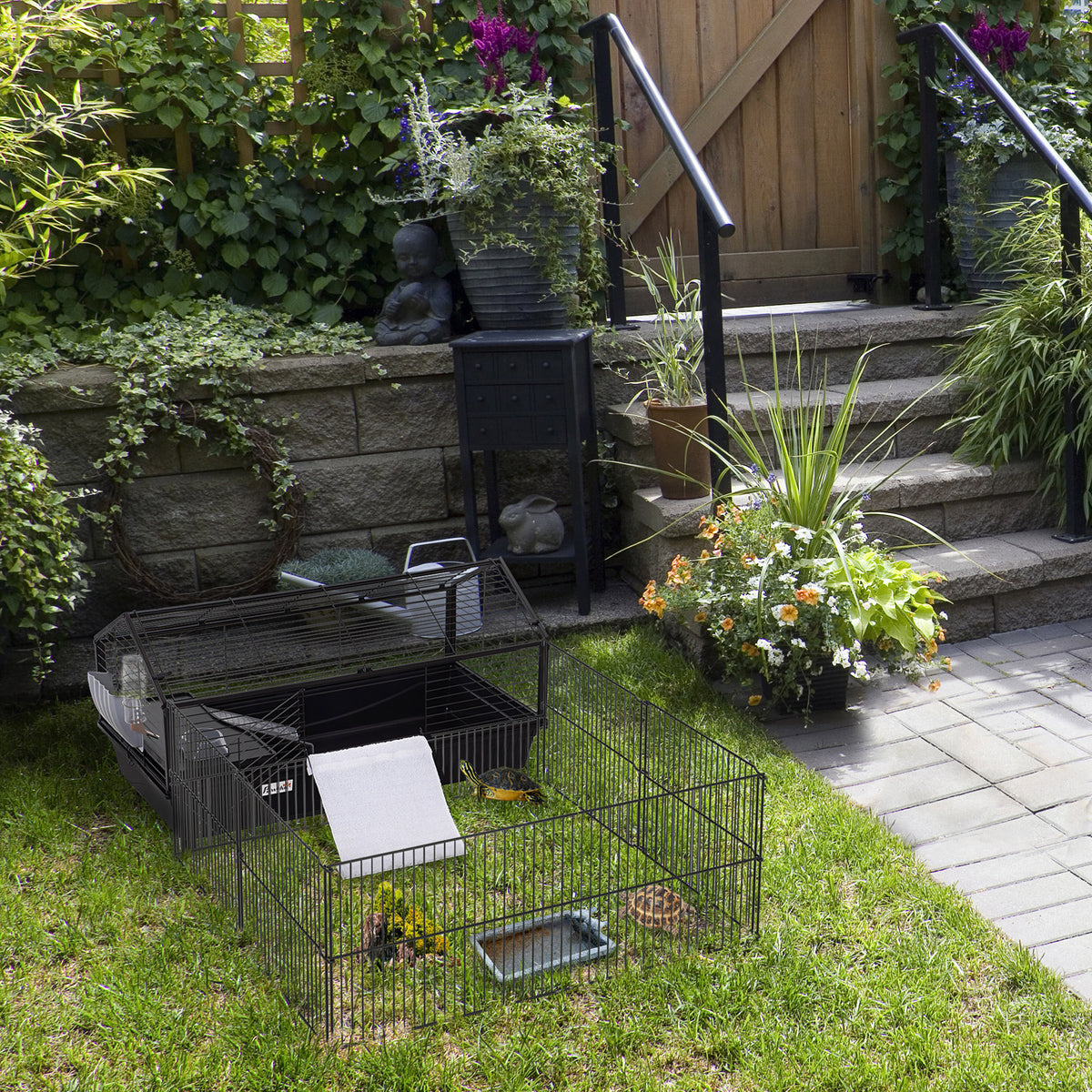 Rolling Metal Small Animal Cage with Main House and Run - Black & Beige, 930x240x515 mm