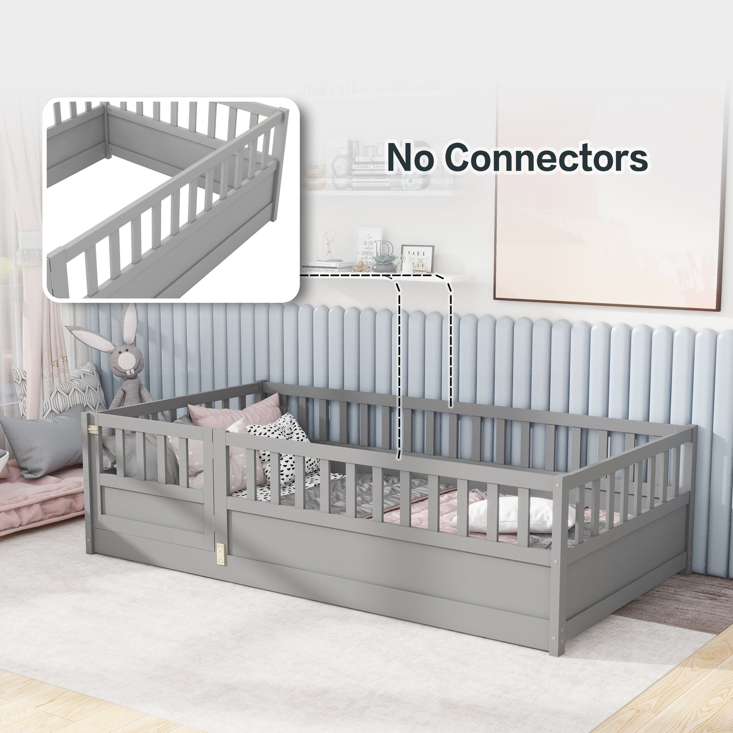 Twin Size Montessori Floor Bed Frame with High Security Barrier - Grey