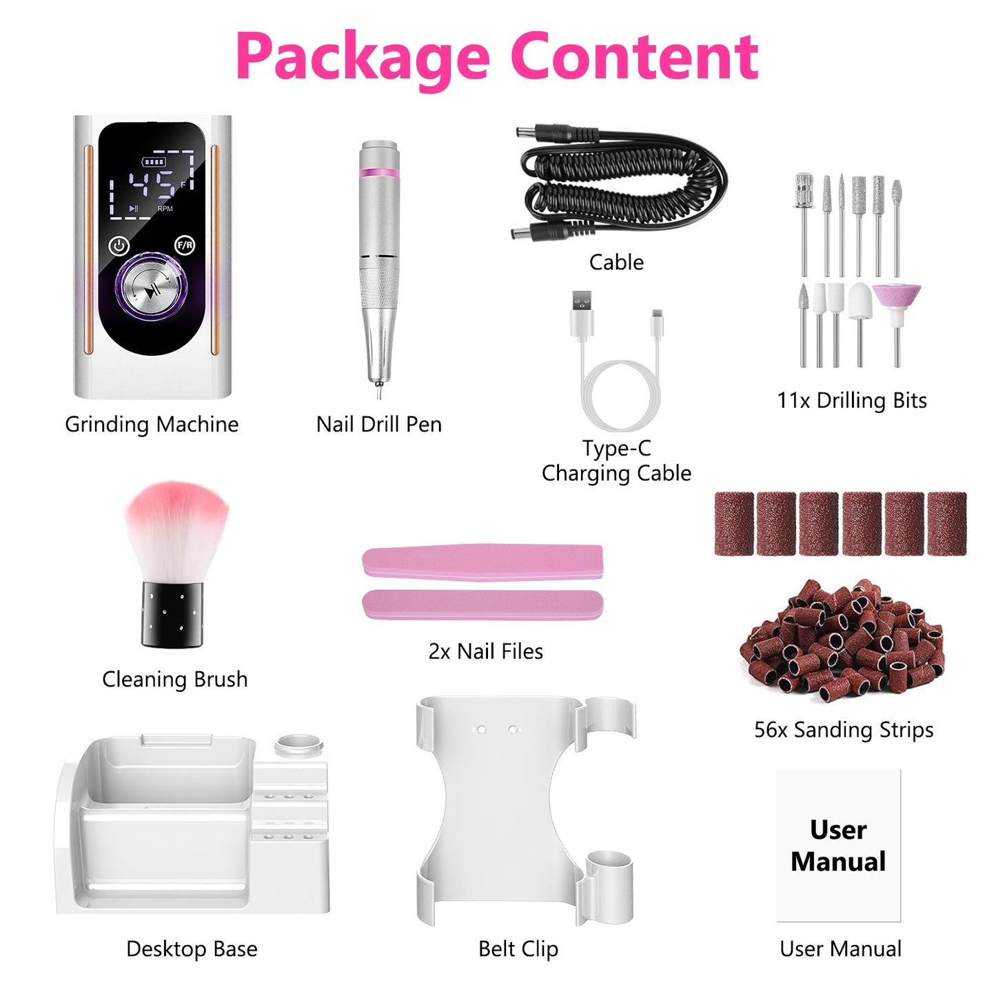 Portable Electric Nail Drill 45000 RPM - Cordless Rechargeable Nail File Kit