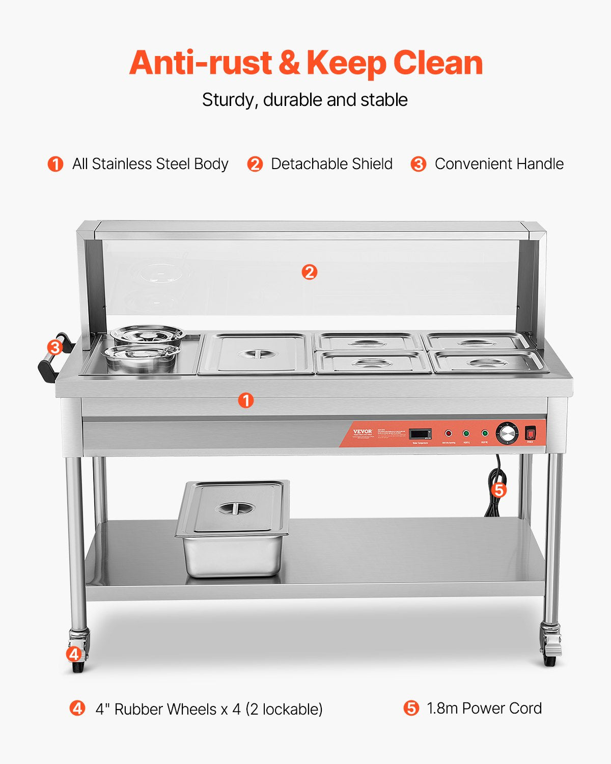Commercial Food Warmer Steam Table with 5 Pans 2 Pots & Undershelf Shield - Silver