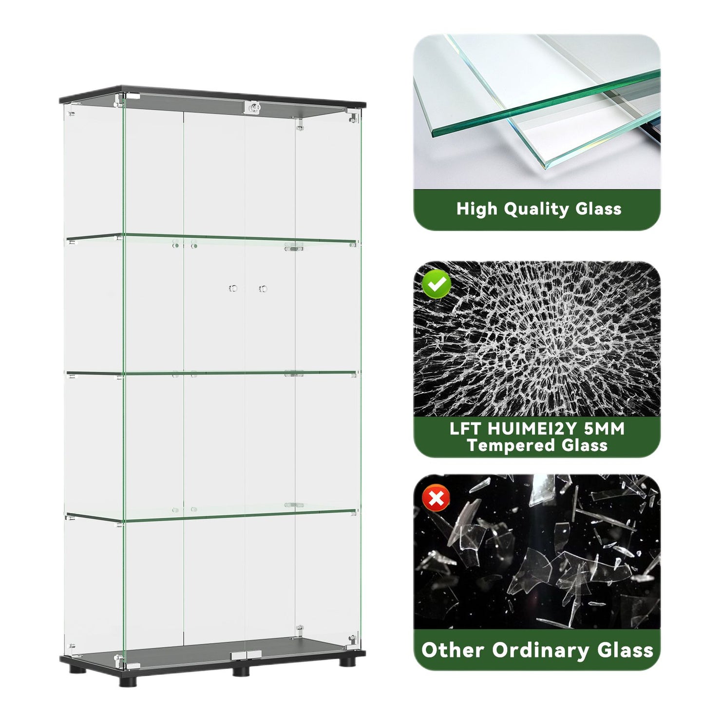 Glass Display Cabinet with 4 Shelves and Lock - Black