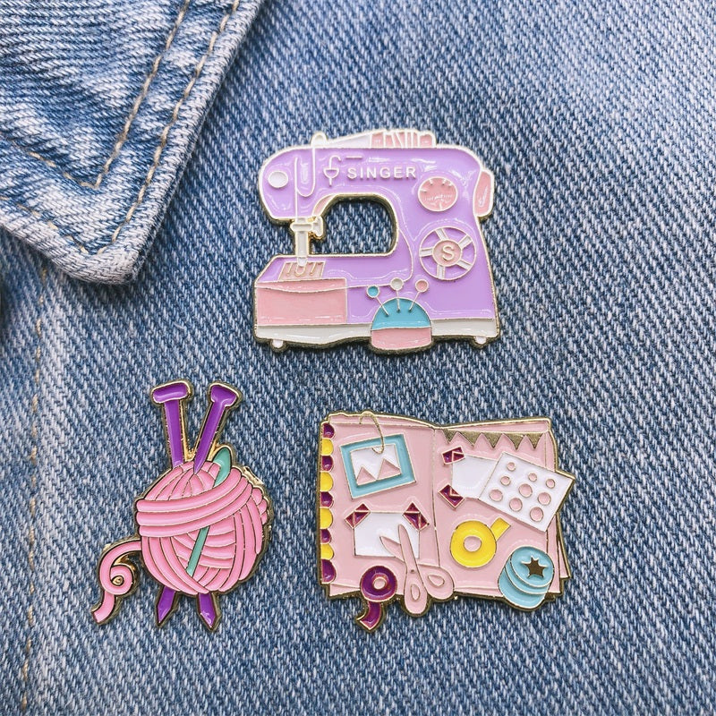 Sewing Machine Brooch Badge Set - Pink Book Scissors Backpack Accessories