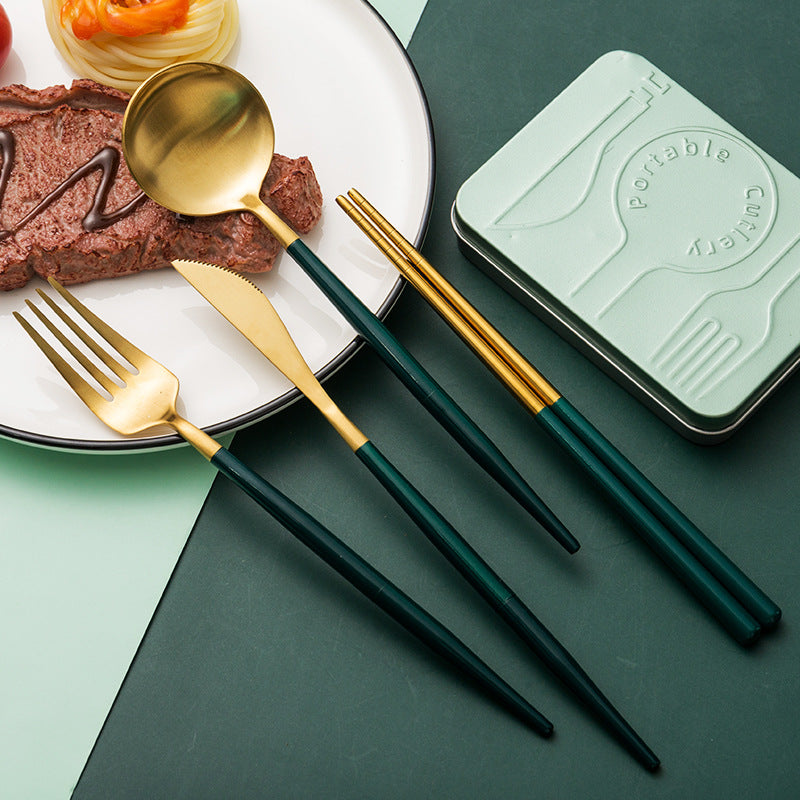 Stainless Steel 4-Piece Tableware Set - Fork, Knife, Spoon & Chopsticks