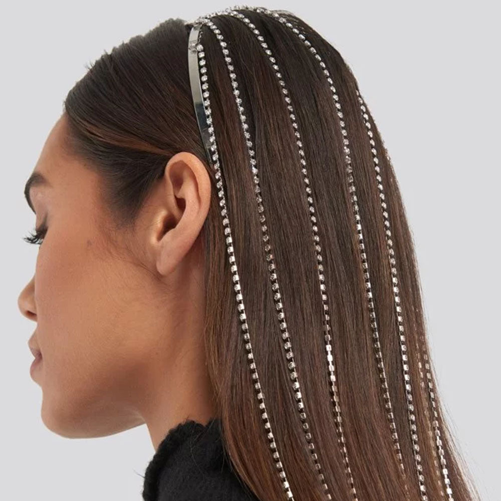 Rhinestone Tassel Headband for Women - Silver