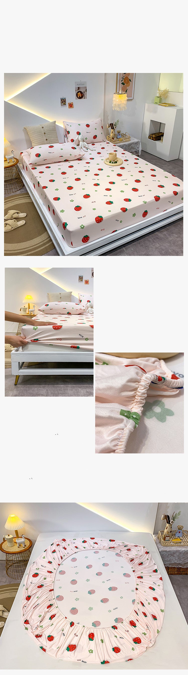 Cotton Elastic Fitted Bed Sheet Set Geometric Print Queen King Size Bedding