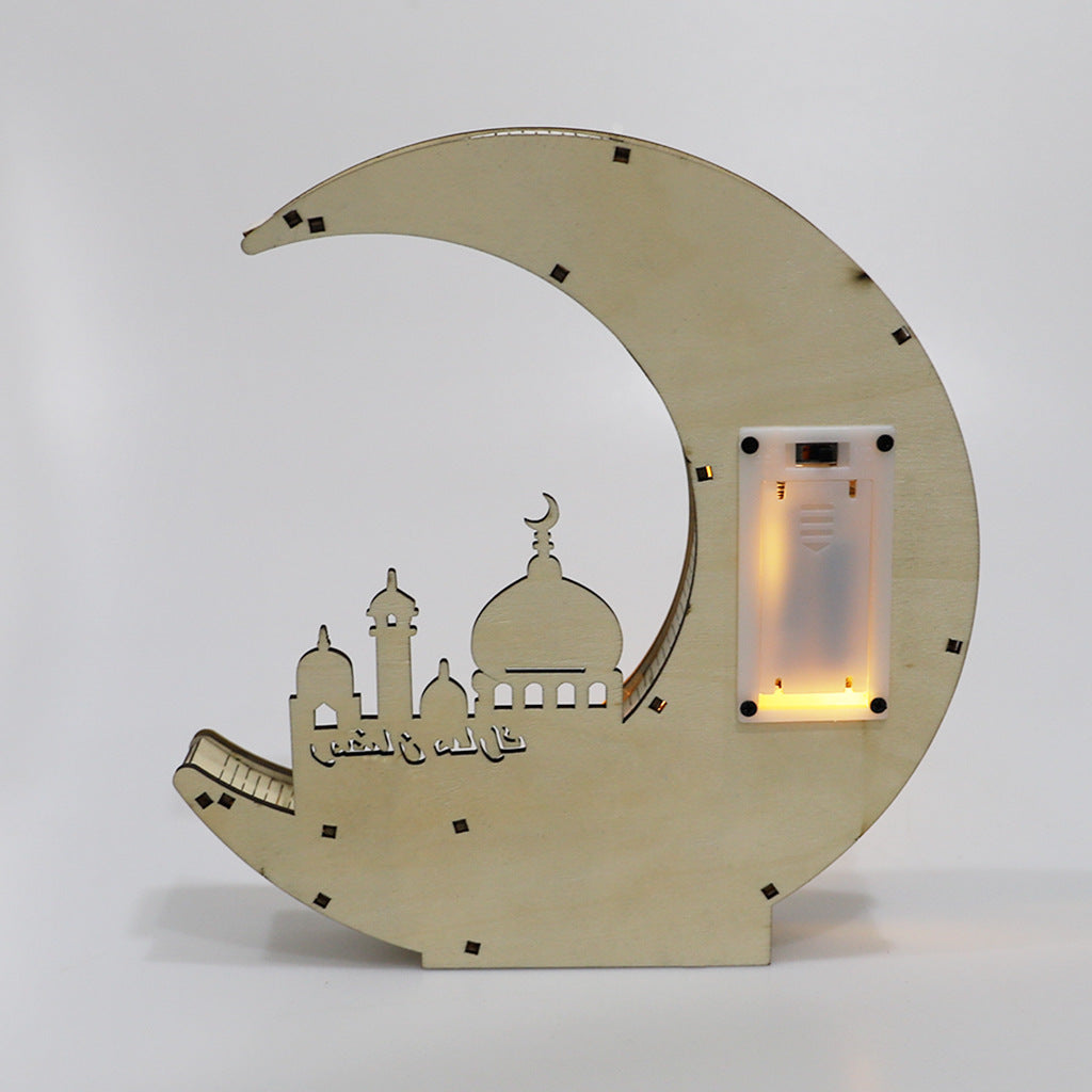 Wooden Eid Mubarak Mirror with LED Lights Golden Moon Castle Hollow Letters