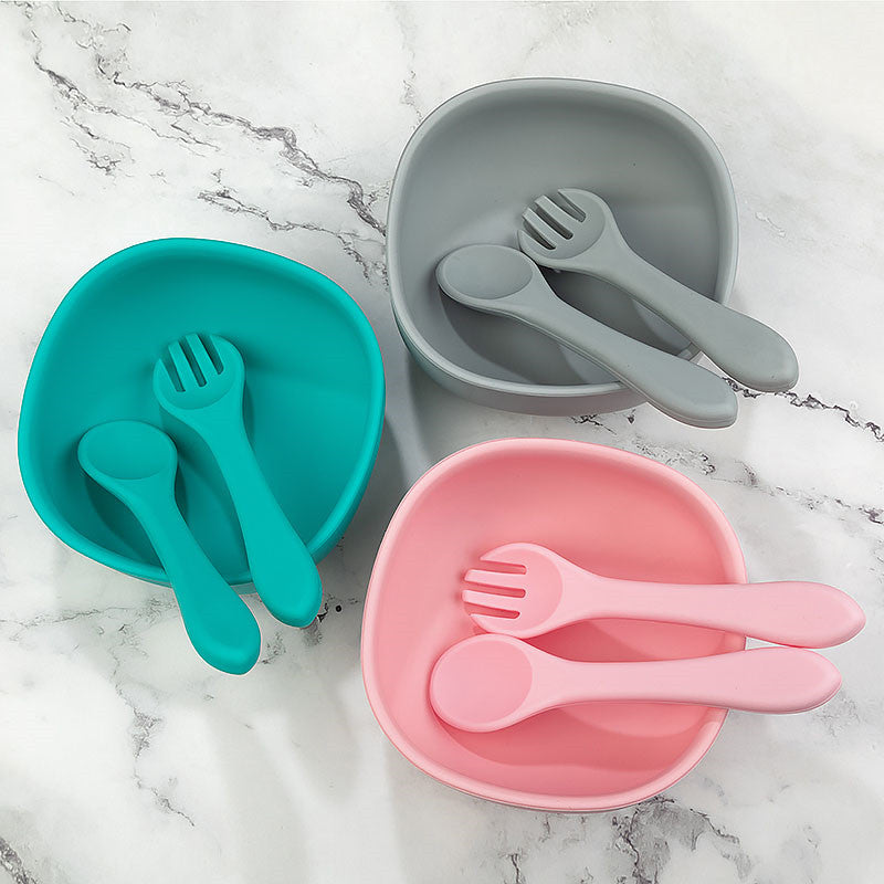 Silicone Baby Food Supplement Bowl Set with Fork and Spoon - Suction Cup