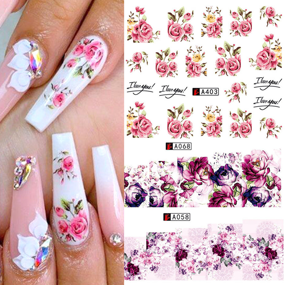 Red Flower Nail Art Stickers with Bowknot Lace - 2 Sheets for Manicure