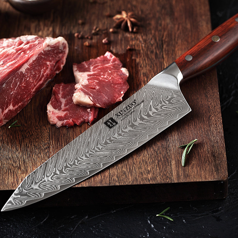 Chef's Knife with Wooden Sheath or Leather Case - Damascus Steel Kitchen Slicing Knife
